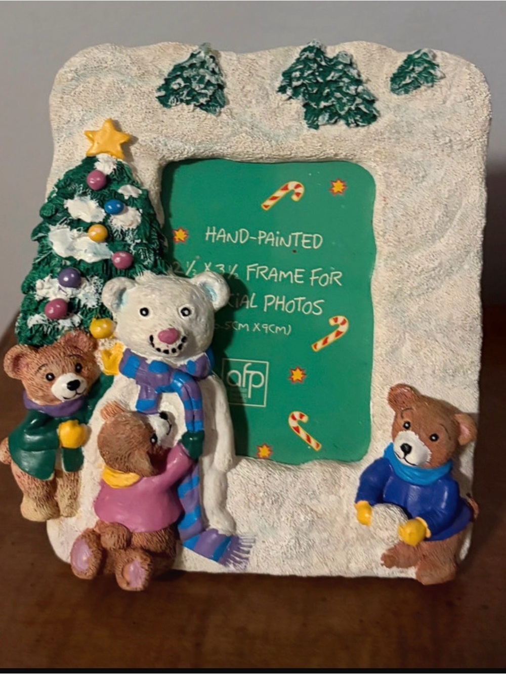 American Greetings Vintage Hand-Painted White & Green Holiday Bear Photo Frame